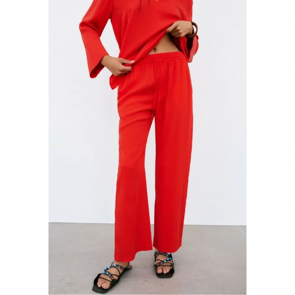 Zara Flowy Red Drawstring Pants Viscose/ Lyocell XL - Picture 4 of 11